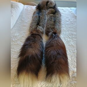 Vintage 1940s Double Silver Fox Fur Stole, Velvet Lined